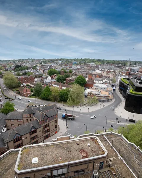 Aerial view of Ipswich town centre near St Clare House