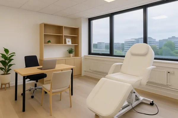 Clinical room with desk and treatment chair at St Clare House, Ipswich