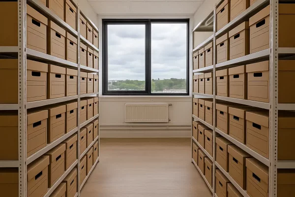 Storage space with archive box shelving at St Clare House, Ipswich